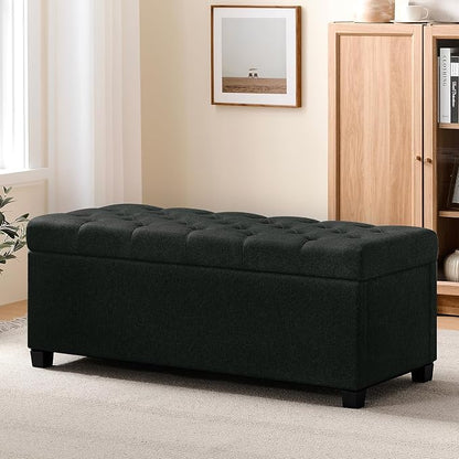 47.2" Ottoman with Storage, Storage Ottoman Bench with Safety Hinge,Tufted End of Bed Bench, Upholstered Entryway Bench for Bedroom, Living Room & Window (Blacklinen-Upgraded Version)