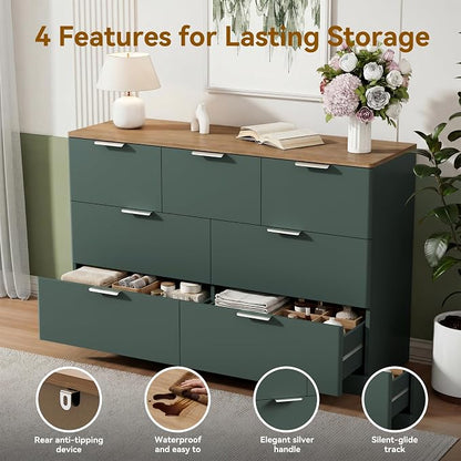 3 Pieces of Dresser and Nightstand Set,47.2" Width 7-Drawer Dresser & 3-Drawer Nightstands Set of 2 w/Gold Metal Handle, Modern Design for Bedroom,Green & Brown