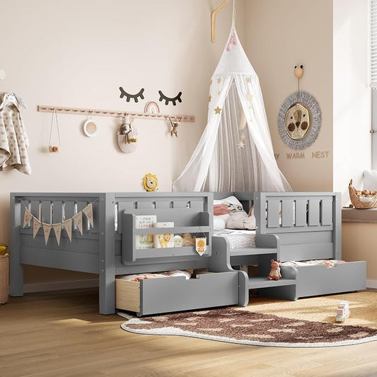 Bellemave Twin Montessori Bed with Stairs, Rails and Slats, Twin Size Montessori Floor Bed with Bookshelf and 2 Storage Drawers, Easy Assemble Beds Frame for Girls, Boys, Gray