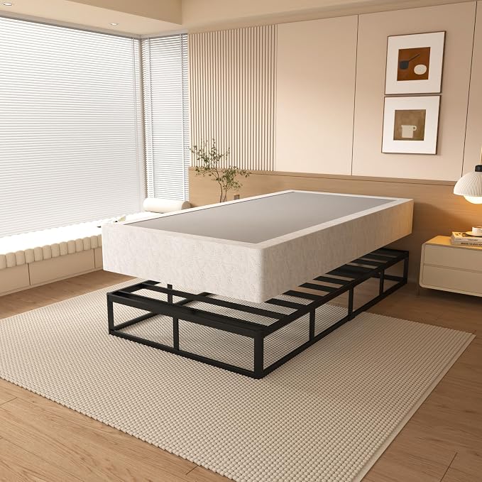 NHODIR Twin Box Spring 8 Inch Low Profile Box Spring Twin Size Bed Base, Black Heavy Duty Metal Mattress Foundation with Easy Clean Fabric Cover, Easy Assembly