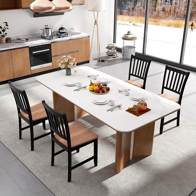 COSTWAY Dining Chairs Set of 4, Mid Century Modern Dining Room Chairs with Solid Rubber Wood Legs and Curved Backrest, Kitchen Chairs for Home, Living Room, Restaurant, Black & Walnut