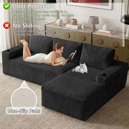 104.3" Modular Sectional Sofa,Modern Corduroy Cloud Couch with Cup Holder & Side Pockets,Boneless Couch Upholstered 4-Seater L-Shaped Sofa for Living Room,No Assembly (Black, Right-Facing Chaise) | with Cup Holder