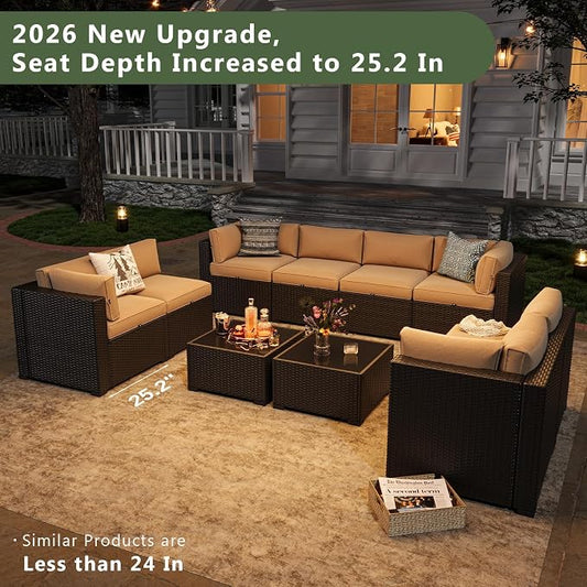 Aoxun 10 Piece Patio Furniture Set Wicker Rattan Patio Sectional Sofa Set Outdoor Seating Furniture with Thickened Cushion, Beige