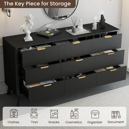 SUNWAVE 9 Drawer Dresser for Bedroom, 59.1" Large Fluted Dresser with Round Corner, Modern Dressers Wood Chest of Drawer for Living Room (Black)