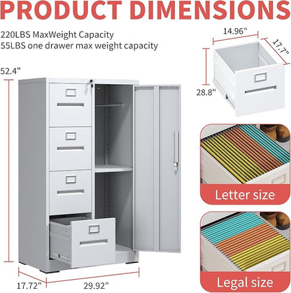 IKIMI Locking File Cabinet with 4 Drawers and 1 Door,White Metal Storage Locker Cabinets for Employees,Home Office Filing Cabinets for Legal/Letter Size Files, Assembly Required