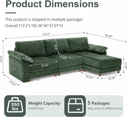 Oversized L Shaped Sectional Couch for Living Room, Extra Large Deep Seat Modular Sectional Sofa with Washable Covers, Modern Cloud Couch for Apartment, Bedroom (Green, L Shape 4 Seat)