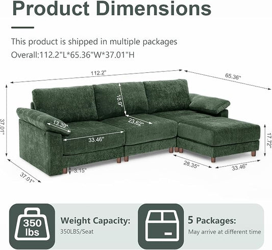 Oversized L Shaped Sectional Couch for Living Room, Extra Large Deep Seat Modular Sectional Sofa with Washable Covers, Modern Cloud Couch for Apartment, Bedroom (Green, L Shape 4 Seat)
