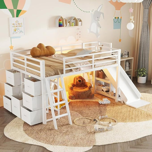 Bellemave Twin Size Loft Bed with 7 Non-Woven Fabric Drawers, Shelves and Wardrobe, Twin Loft Bed with Detachable Slide and Ladders, Low Profile Loft Beds with Lights, Noise Reduced Design White