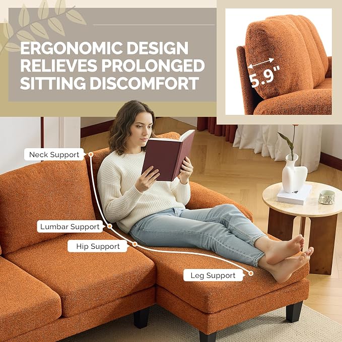 VINGLI 110' U-Shaped Sectional Couch with Two Chaise, Affordable Small Sofa with 4 Seats, Chenille Fabric Comfy Couches for Living Room, Orange