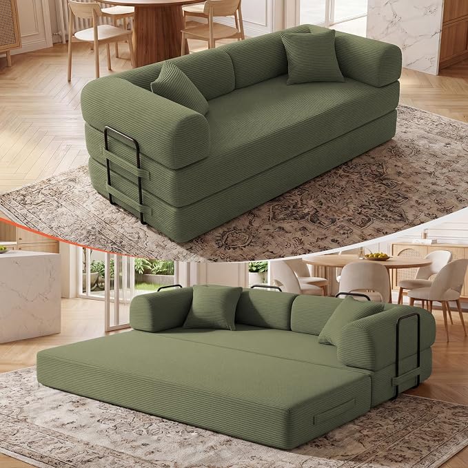 79" Convertible Sleeper Sofa Bed, Corduroy Boneless Fold-Out Couch in a Box, 4-in-1 Loveseat/Futon Couch, High-Density Foam, No Assembly, Side Pockets, 2 Pillows for Small Spaces, Green