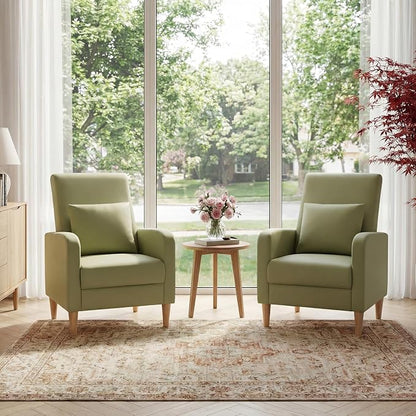 COLAMY Mid-Century Modern Upholstered Accent Chair with Back Pillow & Solid Wood Legs, Leather Cozy Armchair for Living Room, Bedroom, Reading Nook, Apartment & Small Spaces, Green