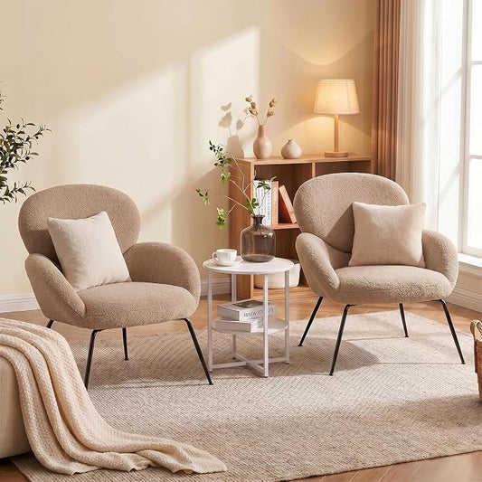 Small Accent Chair Set of 2,Sherpa Chair with Love Back, Boucle Chairs with Metal Legs, Comfy Modern Reading Chairs/Sherpa Accent Chair with Thick High-Elastic Sponge/Cream Style Room (Camel)
