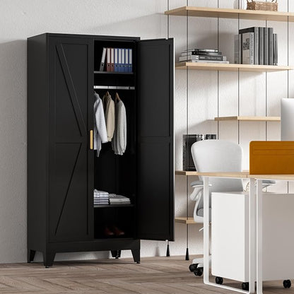 Washsemba 71'' Farmhouse Metal Wardrobe Cabinet with Hanging Rod, 2 Barn Door Wardrobe Closet with 2 Adjustable Shelves,for Dining Room,Bedroom,Living Room, Cloak Room,Office (Black)