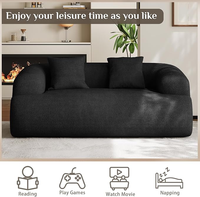 Half Moon Curved Sectional Sofa with 2 Throw Pillows, Modern Style 2-Seater Chenille Leisure Couch with Curved Backrest, Easy Assembly, for Apartment, Living Room, Bedroom, Black （76 inch）