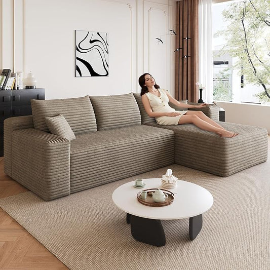 95" Modular Sectional Sofa, Modern Corduroy Cloud Couch with Side Pockets, Boneless Couch Upholstered 3-Seater L-Shaped Sofa for Living Room, No Assembly Required (Camel,Right-Facing Chaise)