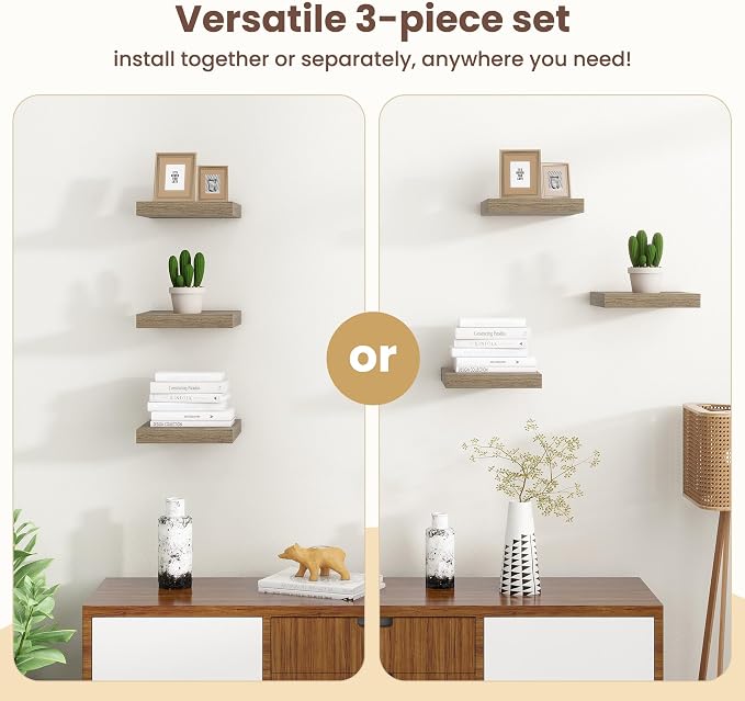 Fun Memories Floating Shelves for Wall - 7.5 Inch Square Shelves with Invisible Brackets, Small Wall Shelf for Living Room, Bathroom, Bedroom, and Kitchen Decor Grey Set of 3