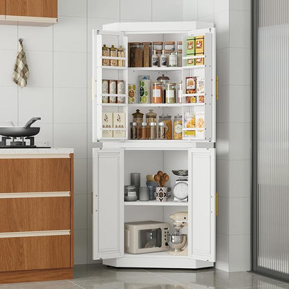 GAIOUS 63" Tall Steel Corner Cabinet, Metal Storage Cabinets with 4 Doors and 3 Shelves, Pantry Cabinets with 6 Door Panel Shelves, Farmhouse Cupboard for Kitchen Dining Room Hallways, White