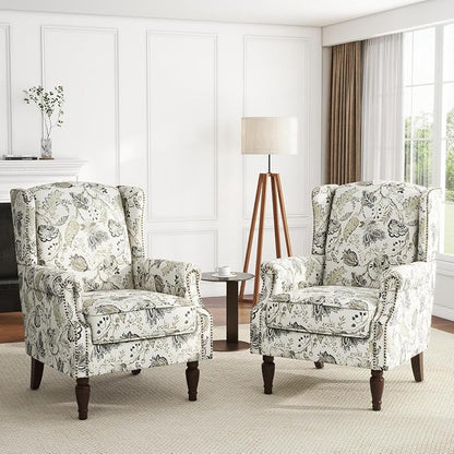High Back Accent Chairs Set of 2, Fabric Upholstered Armchair Floral Wingback Chair for Living Room, Comfy Solid Wood Legs Bedroom Reading Seat - Plants Beige