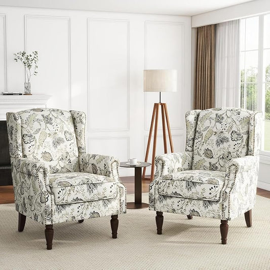 High Back Accent Chairs Set of 2, Fabric Upholstered Armchair Floral Wingback Chair for Living Room, Comfy Solid Wood Legs Bedroom Reading Seat - Plants Beige