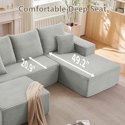 107" Comfy U-Shaped Sectional Modern Boneless Corduroy Couch with Chaise - No Assembly Required! Deep-Seat, Upholstered Modular Cloud Sofa for Living Room, Plush Corduroy Fabric Grey