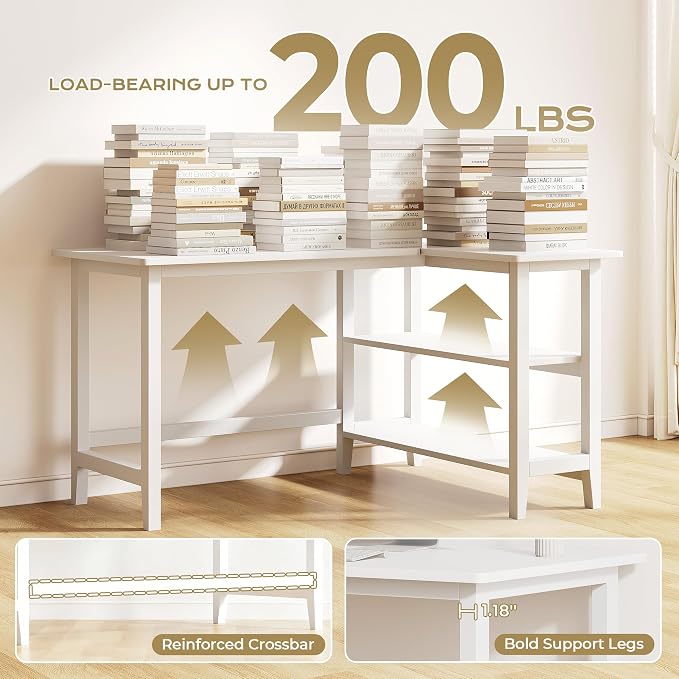 IOTXY Reversible L-Shaped Office Desk - 45" Compact Corner Computer Table with Storage Shelves, Solid Wood Legs, Writing & Study Workstation for Small Spaces, White