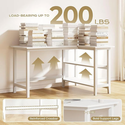 IOTXY Reversible L-Shaped Office Desk - 45" Compact Corner Computer Table with Storage Shelves, Solid Wood Legs, Writing & Study Workstation for Small Spaces, White
