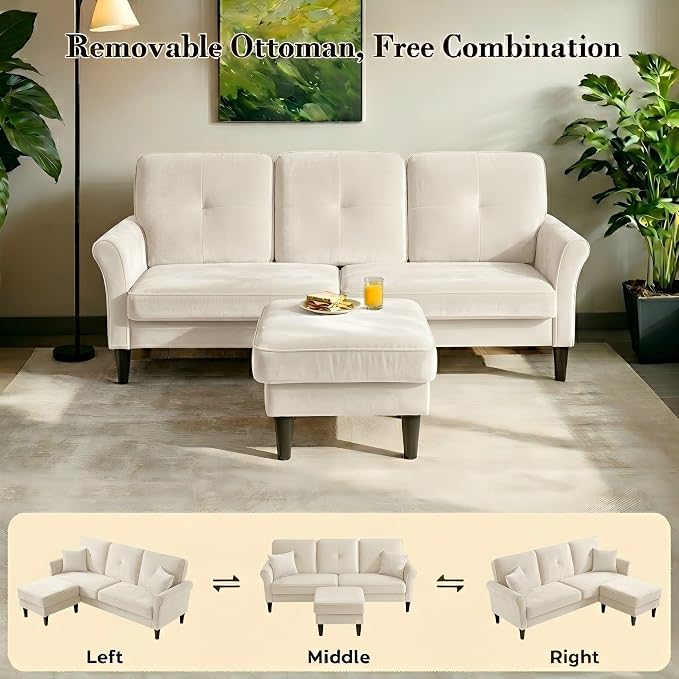 Welzona Sectional Couches for Living Room, 83" Velvet Modern 3 Seater Sofa, L Shaped Couch with Ottoman, Small Sectional Couch Sofas for Living Room, Bedroom, Apartment, Office, Beige Sofa