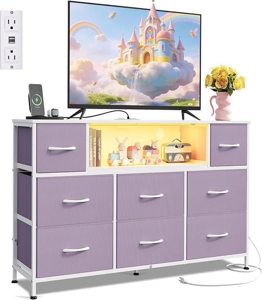 WLIVE Purple Dresser TV Stand for 45, 50, 55 inch TV, Entertainment Center with LED Lights & Charging Station, Chest of Drawers with 8 Fabric Drawers and Open Shelves for Living Room, Hallway