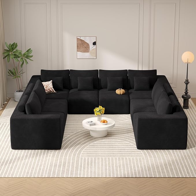 Modern U Shaped Modular Sectional Sofa, Convertible Oversized Cloud Couches for Living Room, Comfy 8 Seater Corduroy Boneless Couch Sofa Set, No Assembly Required, Beige 1 PCS