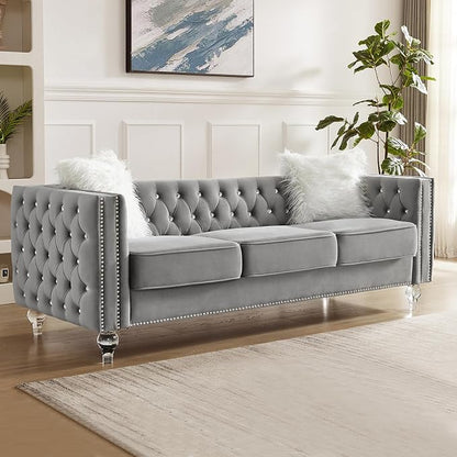 83" Chesterfield Sofa, Velvet Mid-Century Modern Upholstered Couch with 2 Throw Pillows and Acrylic Legs, Nailhead Button Tufted Vintage Sofa for Living Room, Apartment, Office, Grey