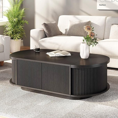 HSH 47" Oval Coffee Table with Storage, Black Coffee Table for Living Room | Modern Center Table with Press Type Door, Fluted Living Room Tables with 2 Flip-Top Hidden Lids, Wood Table