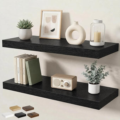 Floating Shelves for Wall 32 in x 9.3 in Deep, Wall Mounted Rustic Wood Shelf with Invisible Brackets for Storage & Display, Living Room Bedroom Bathroom, Black, 2 Pack