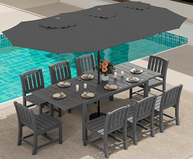 SERWALL 10-Piece Patio Dining Sets with 15FT Patio Umbrella, Grey | 60" - 83" Expandable Outdoor Dining Table and 8 HDPE Chairs, All Weather HDPE Outdoor Furniture Set
