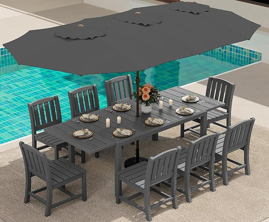SERWALL 10-Piece Patio Dining Sets with 15FT Patio Umbrella, Grey | 60" - 83" Expandable Outdoor Dining Table and 8 HDPE Chairs, All Weather HDPE Outdoor Furniture Set
