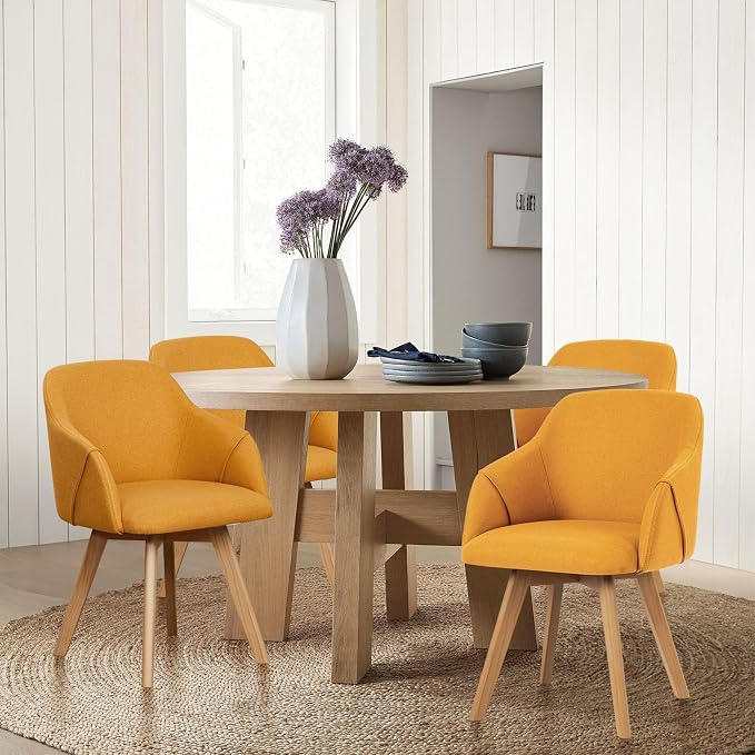 Swivel Dining Chairs Set of 4, Linen Fabric Upholstered Dining Chairs with Arms and Wood Legs, Mid Century Modern Kitchen Chairs for Dining Room Living Room 360°Swivel, Comfortable Large Seat, Yellow