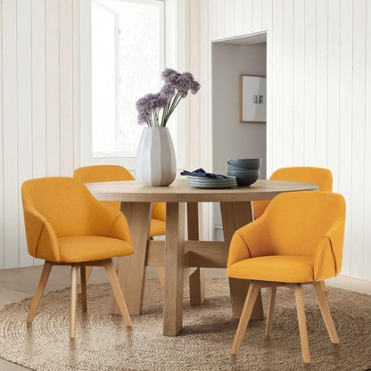 Swivel Dining Chairs Set of 4, Linen Fabric Upholstered Dining Chairs with Arms and Wood Legs, Mid Century Modern Kitchen Chairs for Dining Room Living Room 360°Swivel, Comfortable Large Seat, Yellow