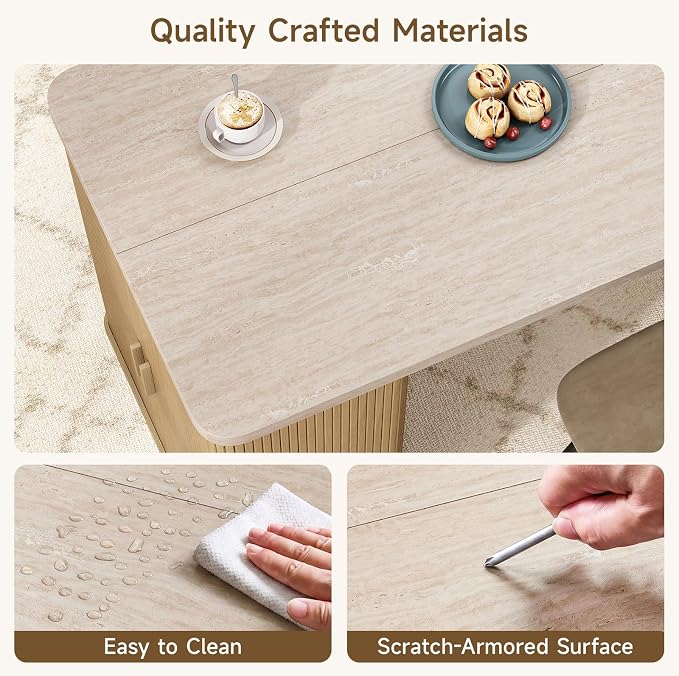 ONBRILL 61 Inch Kitchen Island with Storage, Fluted Counter Height Table, Mid-Century Modern Kitchen Island Table with Sliding Door, Home Bar Tables with Wine Rack and Drawers (Travertine Color)