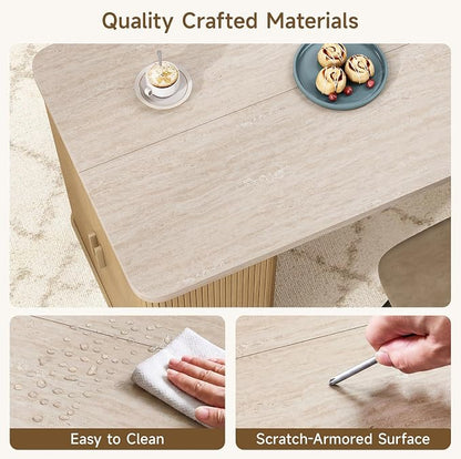 ONBRILL 61 Inch Kitchen Island with Storage, Fluted Counter Height Table, Mid-Century Modern Kitchen Island Table with Sliding Door, Home Bar Tables with Wine Rack and Drawers (Travertine Color)
