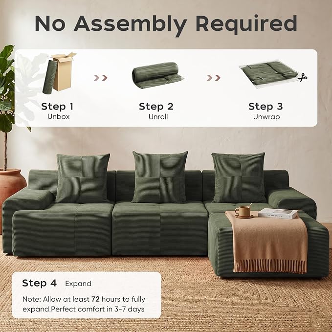 118" Sectional Boneless Oversize Modular Couches, Curved Cloud Sectional Sofa for Living Room, Corduroy U Shape Deep Seat Sofa with 2 Ottomans & 3 Throw Pillows, No Assembly Required,Green