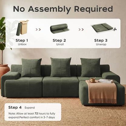 118" Sectional Boneless Oversize Modular Couches, Curved Cloud Sectional Sofa for Living Room, Corduroy U Shape Deep Seat Sofa with 2 Ottomans & 3 Throw Pillows, No Assembly Required,Green