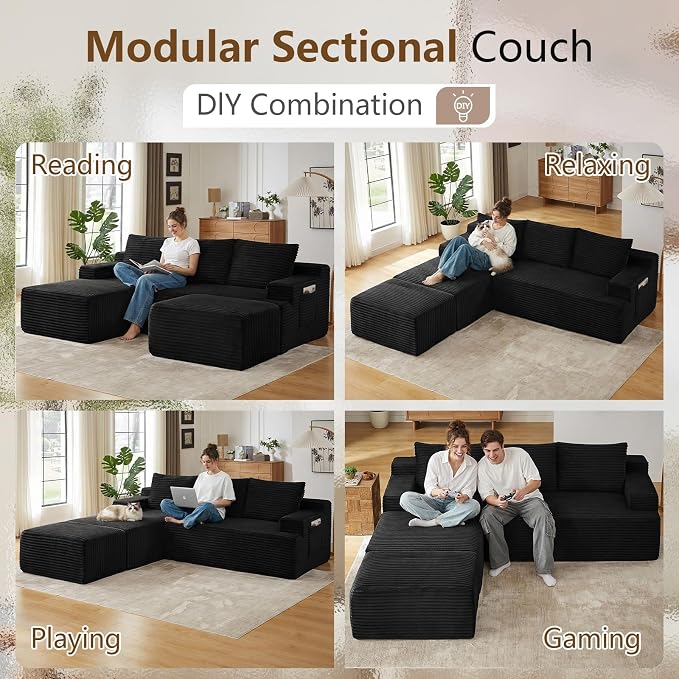 96" Cloud Sectional Couch U-Shaped Chaise with Ottoman, Corduroy Boneless Couch for Living Room Bedroom, Deep-Seat Upholstered Modular Cloud Sofa, No Assembly Required (Black, Left Facing Chaise)