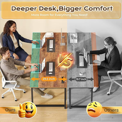 PRAISUN 63 X 30 Inch Extra Deep Desk with Power Outlets | Long Computer Desk for Bedroom, Office Desk for Work from Home, Writing Study Gaming Table, Stable Metal Frame, Rustic Brown