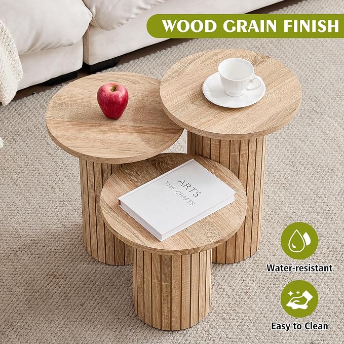 Round Side Tables Set of 3, Circle Modern Fluted Nesting Coffee Table, Accent End Table Set for Living Room and Bedroom, Natural