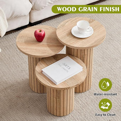 Round Side Tables Set of 3, Circle Modern Fluted Nesting Coffee Table, Accent End Table Set for Living Room and Bedroom, Natural