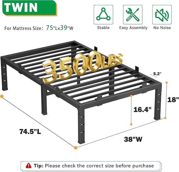 18 Inch Twin Bed Frames, Heavy Duty Metal Platform 3500 lbs Capacity, No Box Spring Needed, 6 Mattress Slide Stopper, Headboard Holes, Noise-Free, Easy Assembly, Black