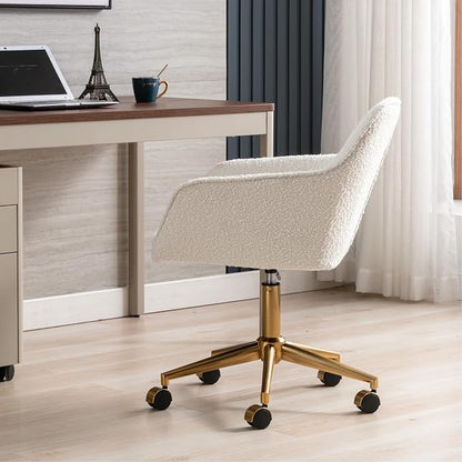 Zesthouse Modern Desk Chair with Wheels, White Swivel Vanity Chair for Girls Women, Upholstered Home Office Chair Boucle Armchair for Bedroom, Height Adjustable Computer Task Chair, Gold Base