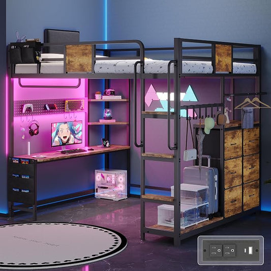 Dnxao Full Size Loft Bed with Desk, Heavy Duty Metal Bed Frame for Teens Adults, 6 Storage Drawers, Power Outlet with Type-C, LED Lights, Integrated Study Workstation for Small Room, Rustic Brown