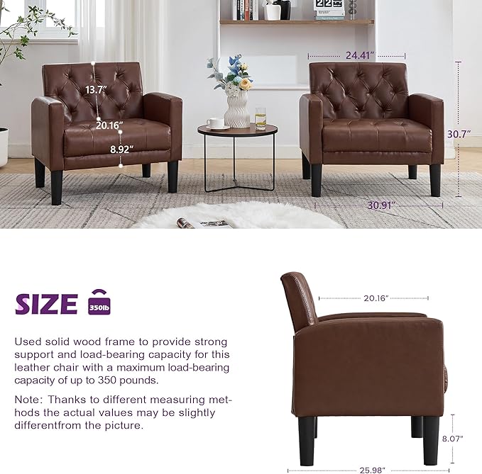 TYBOATLE Accent Chairs Set of 2, Comfy Living Room Chair Leather Tufted Mid Century Modern Accent Chair, Small Cozy Reading Arm Chair for Office, Bedroom