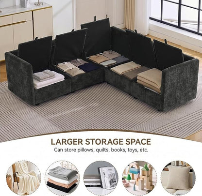 80" Dark Grey Modular Storage Sofa, V Shaped Chenille Cloud Couch | Oversized Convertible Sectional Sofa, 5-Seat Sectional Couch With Armrests, Large Cloud Couch For Living Room, Apartment.