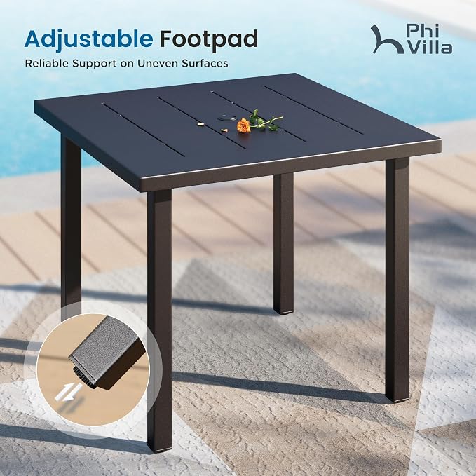 PHI VILLA 5 Piece Metal Outdoor Table and Chairs, 34.2" Metal Square Table with Umbrella Hole & Stackable Wrought Iron Chairs, All Weather Large Furniture Set for Patio, Deck, Backyard, Porch - Black